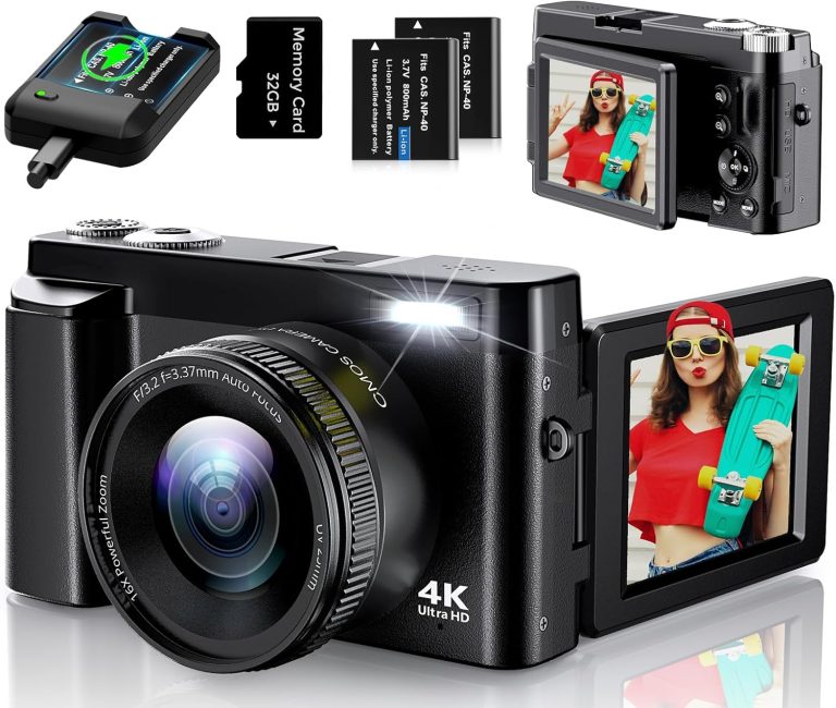 4K Digital Camera for Photography, UHD Autofocus 48MP 180° Flip Screen 16X Zoom Compact Point Shoot Vlogging Camera for YouTube with 2 Batteries, 32GB Card (Black)