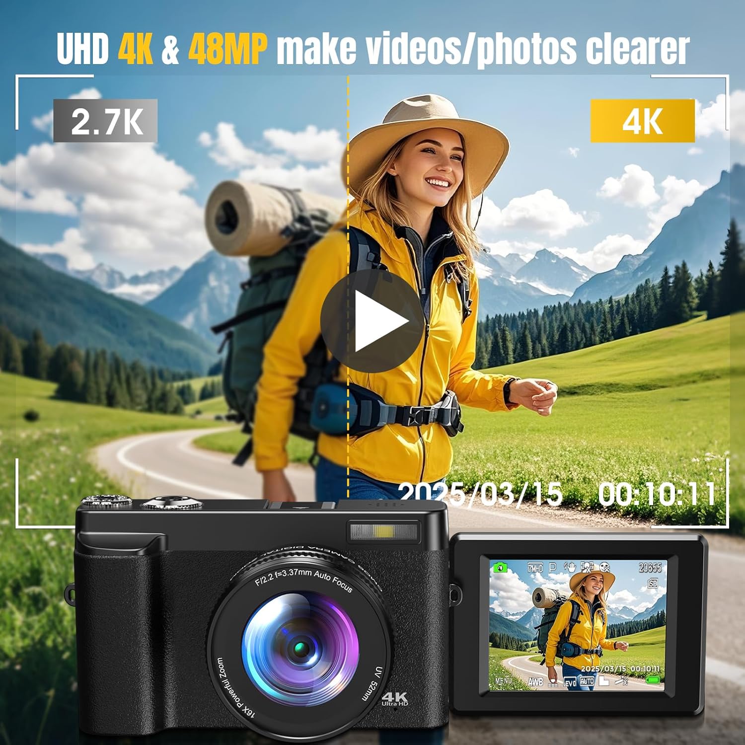 4K Digital Camera for Photography, UHD Autofocus 48MP 180° Flip Screen 16X Zoom Compact Point Shoot Vlogging Camera for YouTube with 2 Batteries, 32GB Card (Black)
