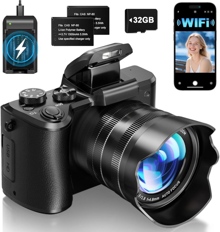 8K Digital Cameras for Photography – Autofocus 88MP WiFi Vlogging Camera for YouTube with Dual-Lens – 16X Digital Zoom Vlog Camera with Lens Hood, Flash, Touch Screen, 2 Batteries, 32GB TF Card