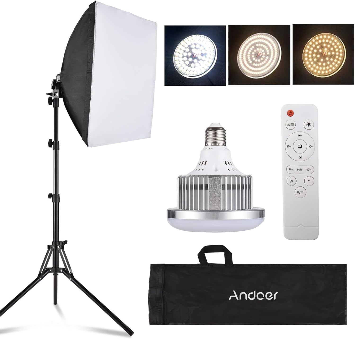 Andoer Softbox Photography Lighting Kit 16” x 16”,85W Studio Lights for Photography and Live with 3000K-7500K Bi-Color LED Light, 40x40cm Soft Box,1.7m Light Stand,Remote Control,and Carry Bag